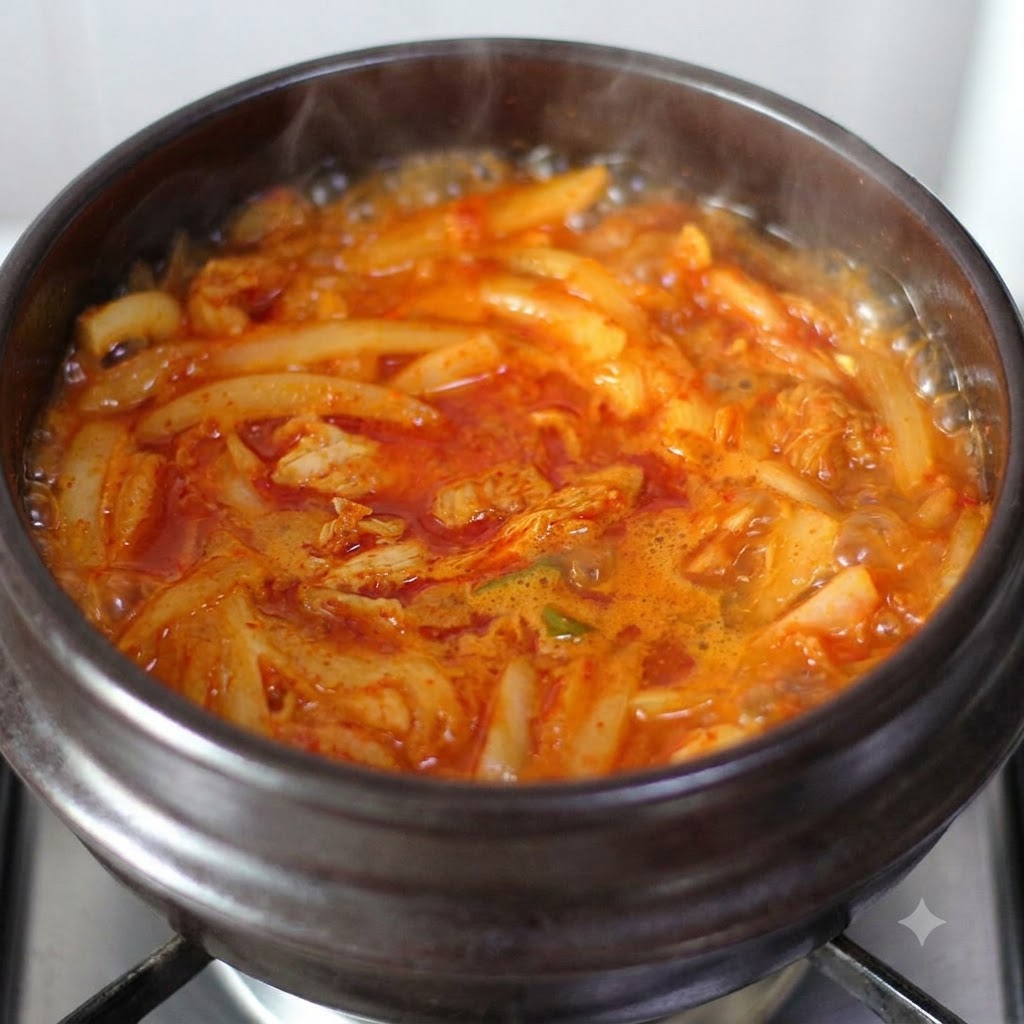 Bubbling reddish soup in a clay pot with visible steam rising.