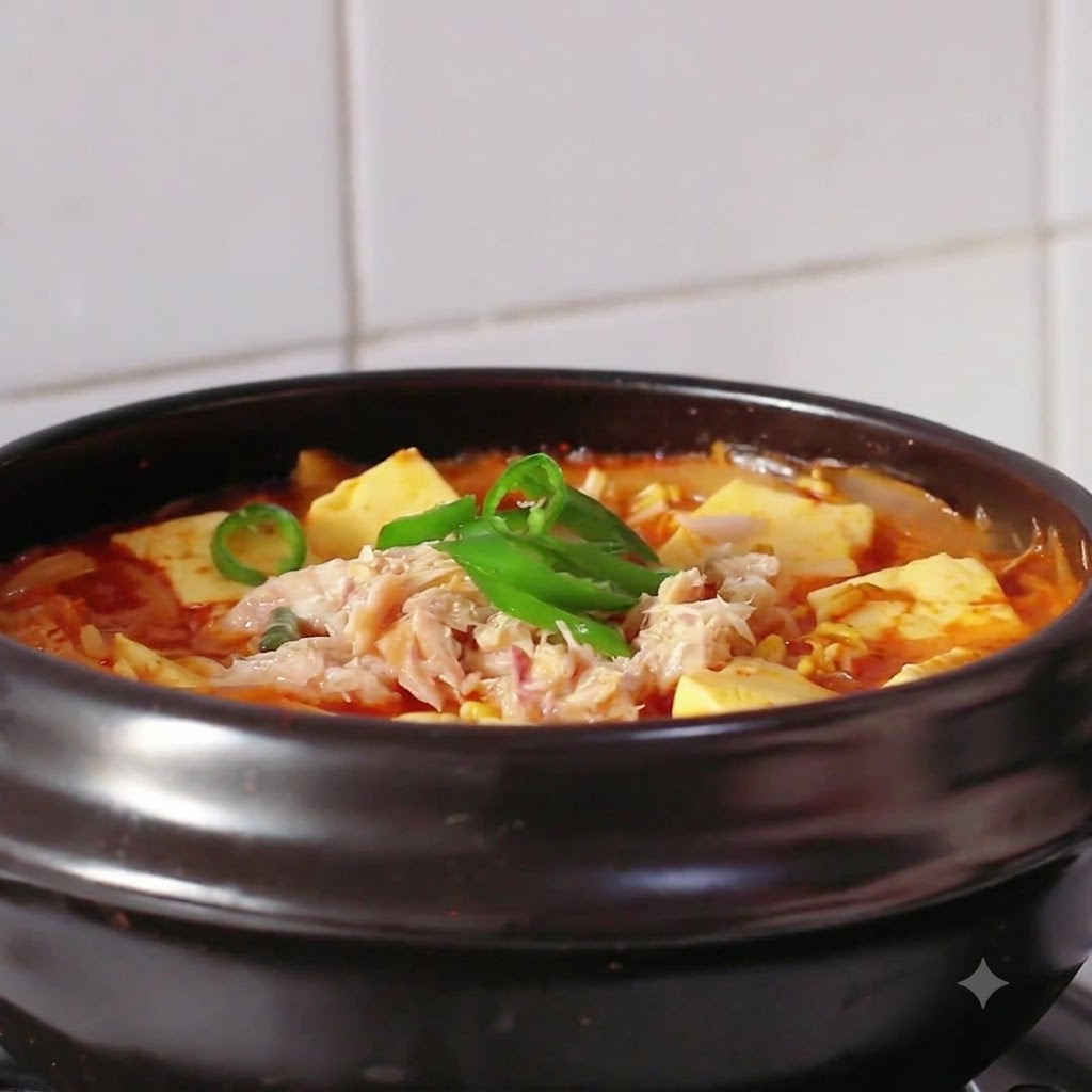 A hot bowl of kimchi tuna tofu soup garnished with green and red chili rings and white sesame seeds.