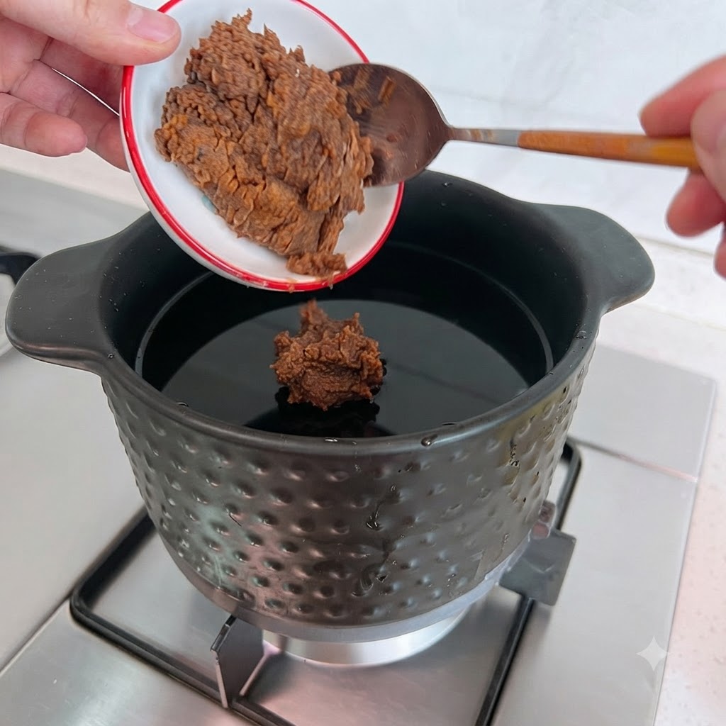 Two spoonfuls of soybean paste being added into a pot of boiling water.