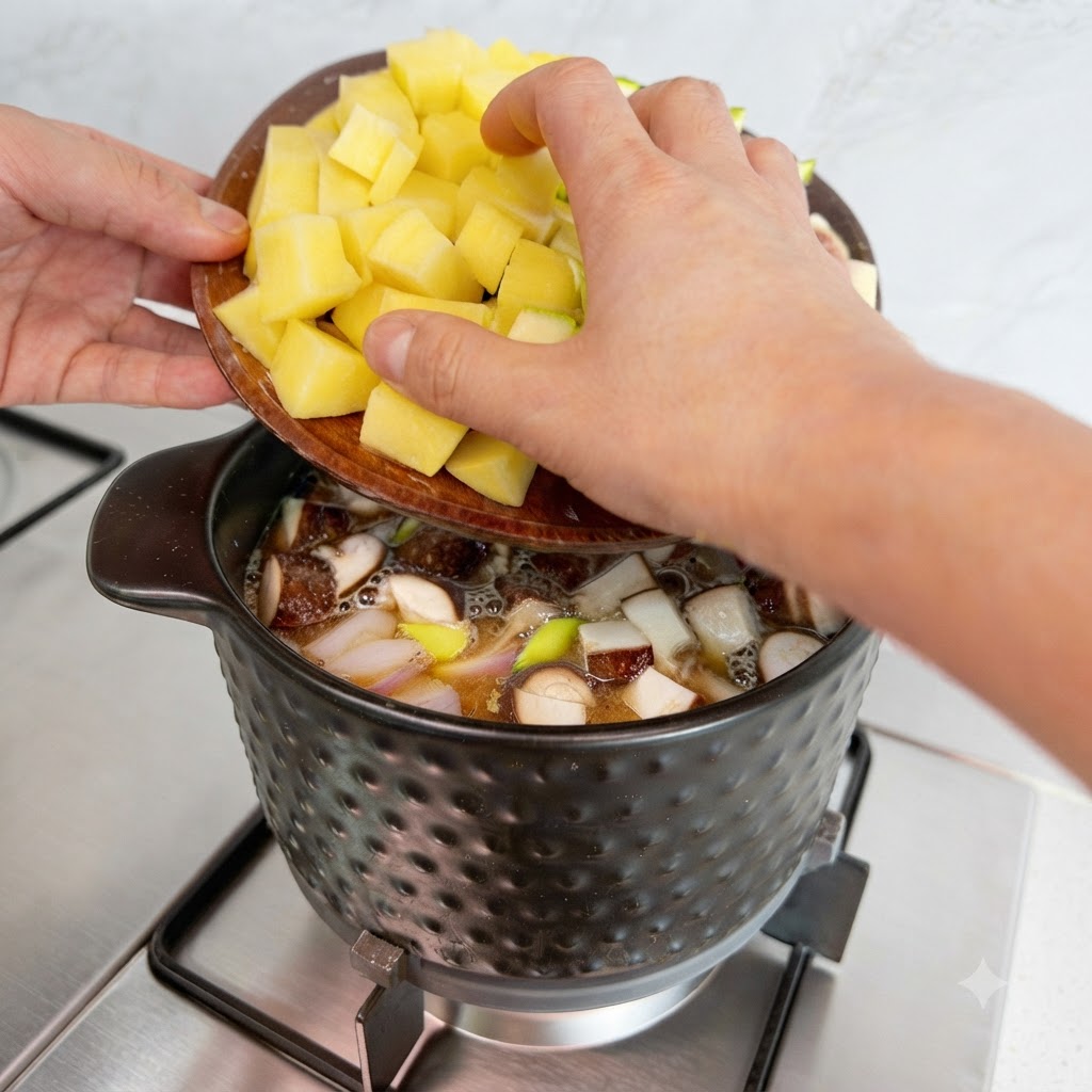 Diced yellow potatoes and zucchini being added from a wooden tray into the cooking pot.