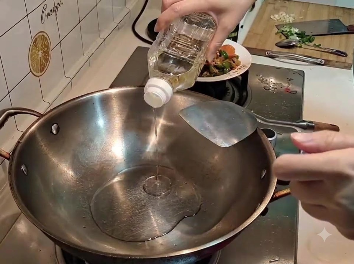 A hand pouring clear cooking oil from a plastic bottle into a heated stainless steel wok.