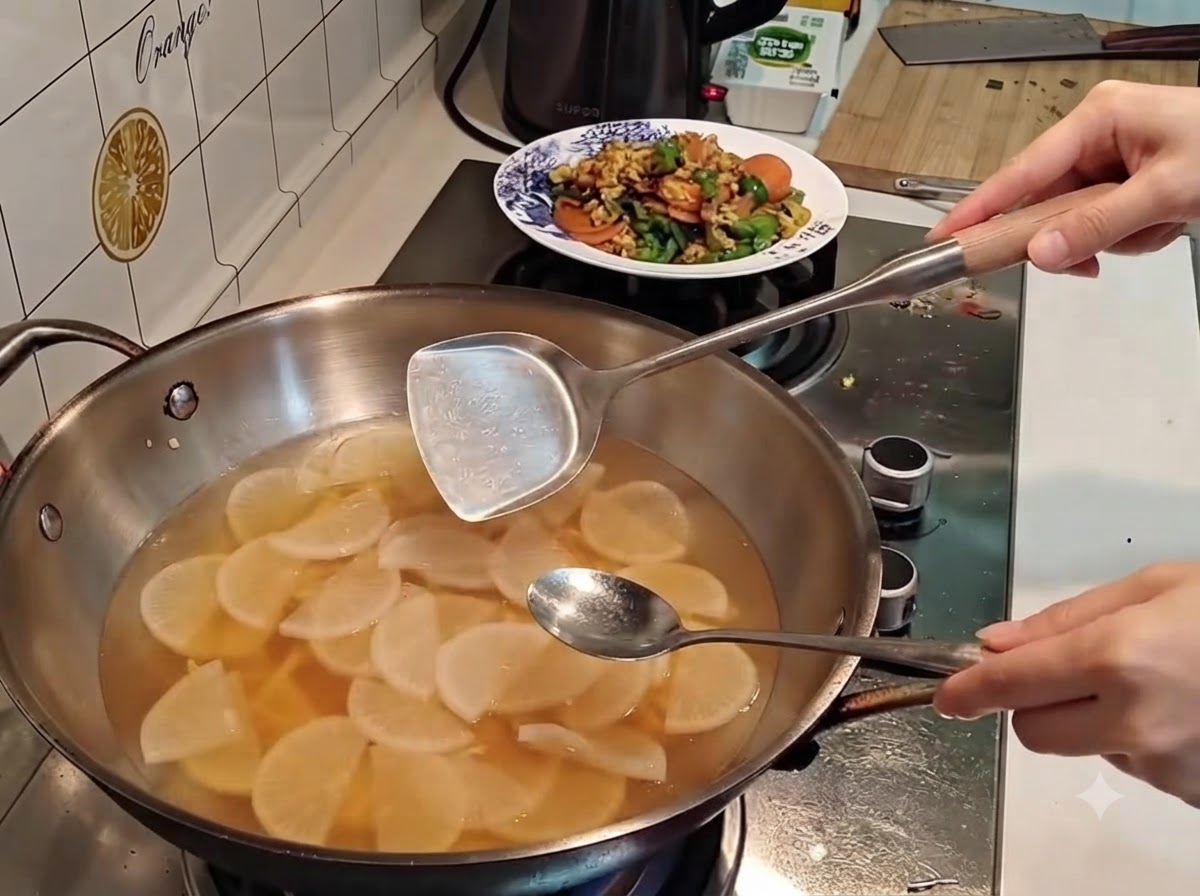 A spatula and spoon stirring a pot of boiling soup with radishes and broth.