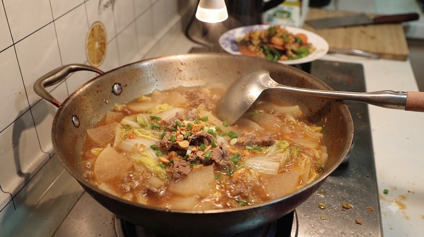 A rustic metal wok filled with bubbling radish, napa cabbage, and beef soup in a savory red broth