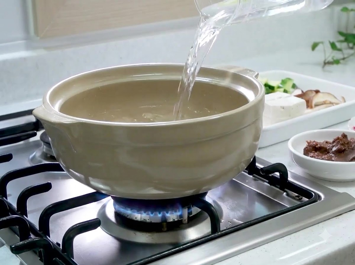 Water being poured from a clear measuring cup into a beige ceramic pot on a lit gas burner.
