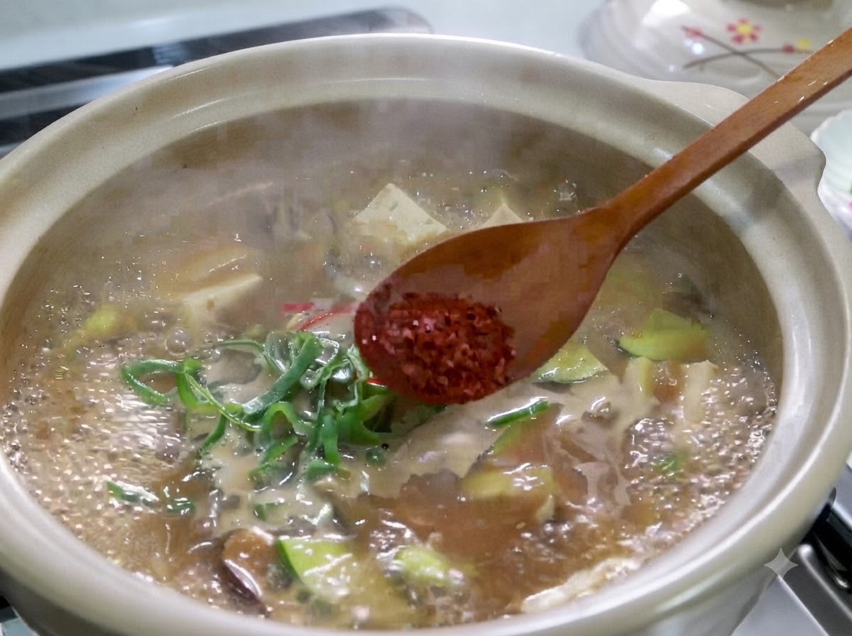 A wooden spoon holding red chili powder over a boiling pot of Korean soybean paste stew.