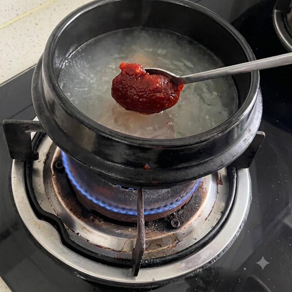A spoon holding ssamjang paste positioned over a simmering pot of broth.