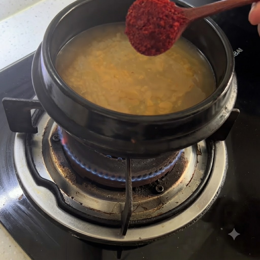 A wooden spoon holding red chili powder above a pot of seasoned broth.