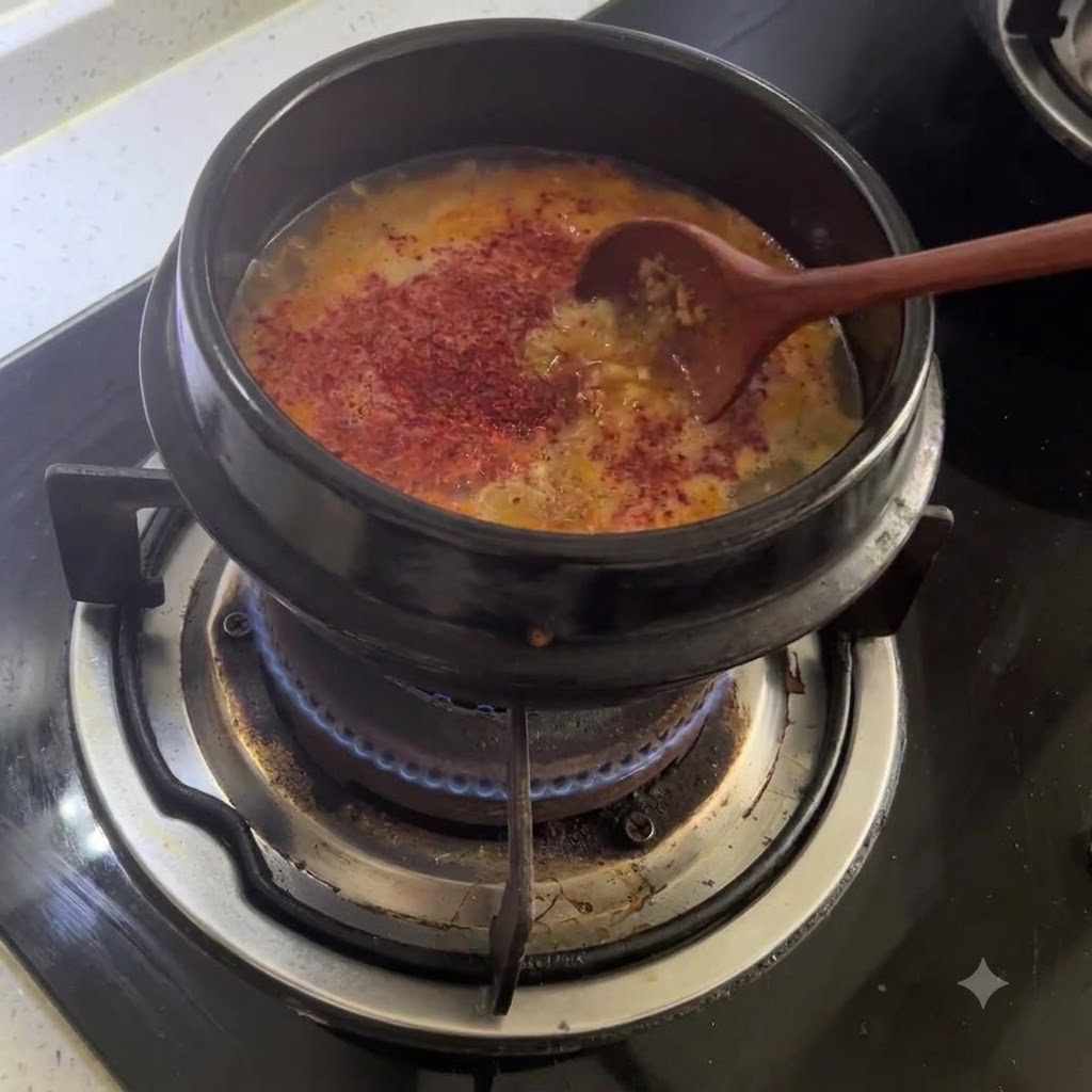 A wooden spoon stirring seasoning powder into a reddish bubbling broth.