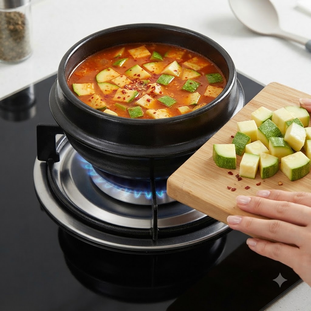 A persons hand sliding cubed green zucchini from a wooden cutting board into a pot of soup.