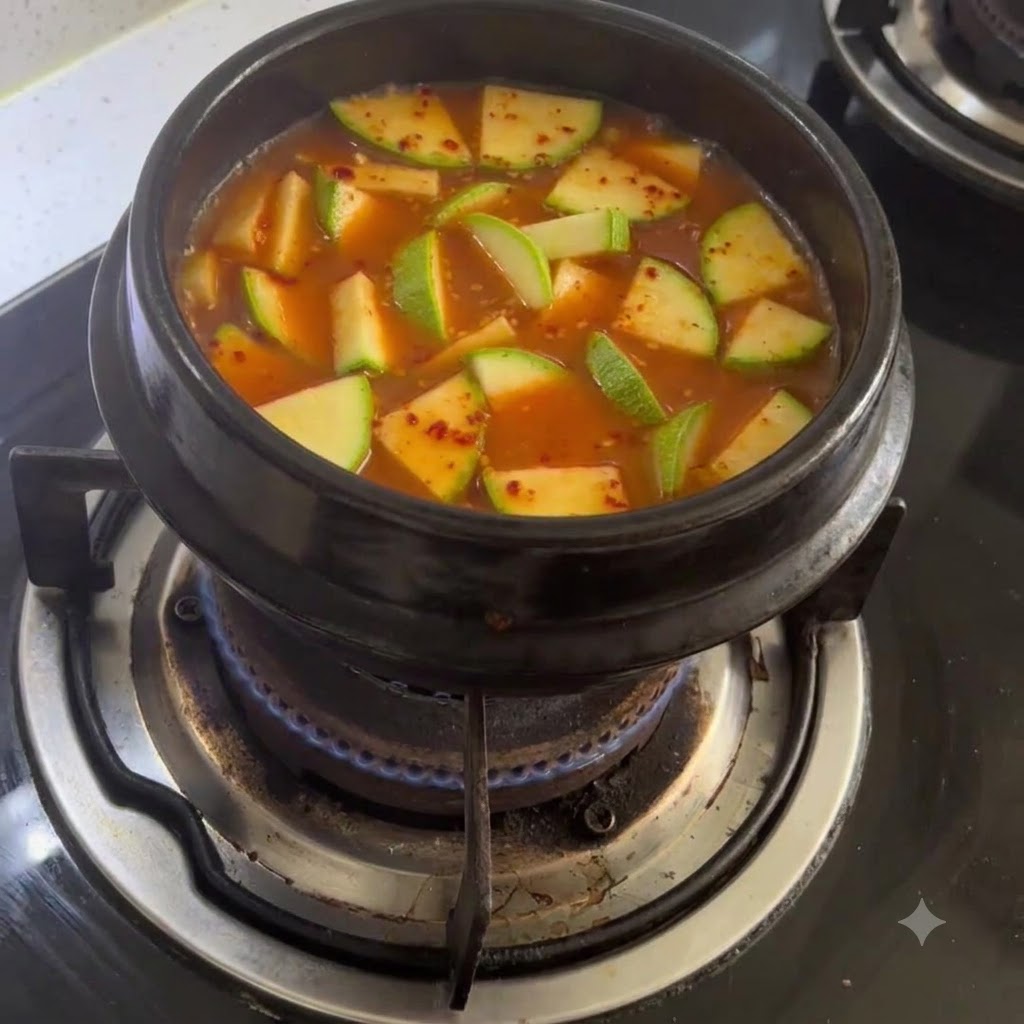 Chopped onion pieces simmering inside a pot of spiced broth on a gas stove.