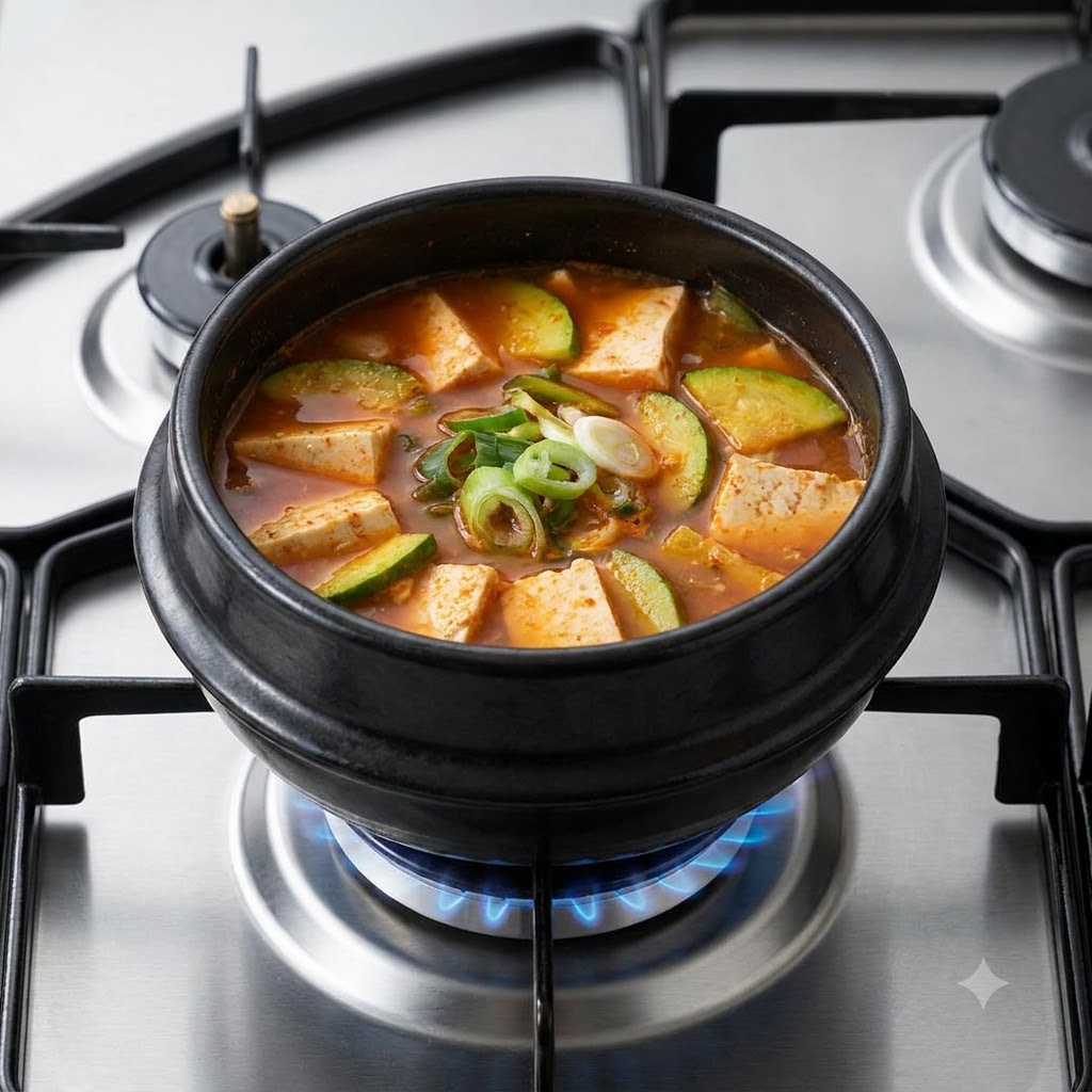 A close-up shot of a pot filled with soup containing sliced zucchini, tofu, and a central mound of chopped green onions and chilies.