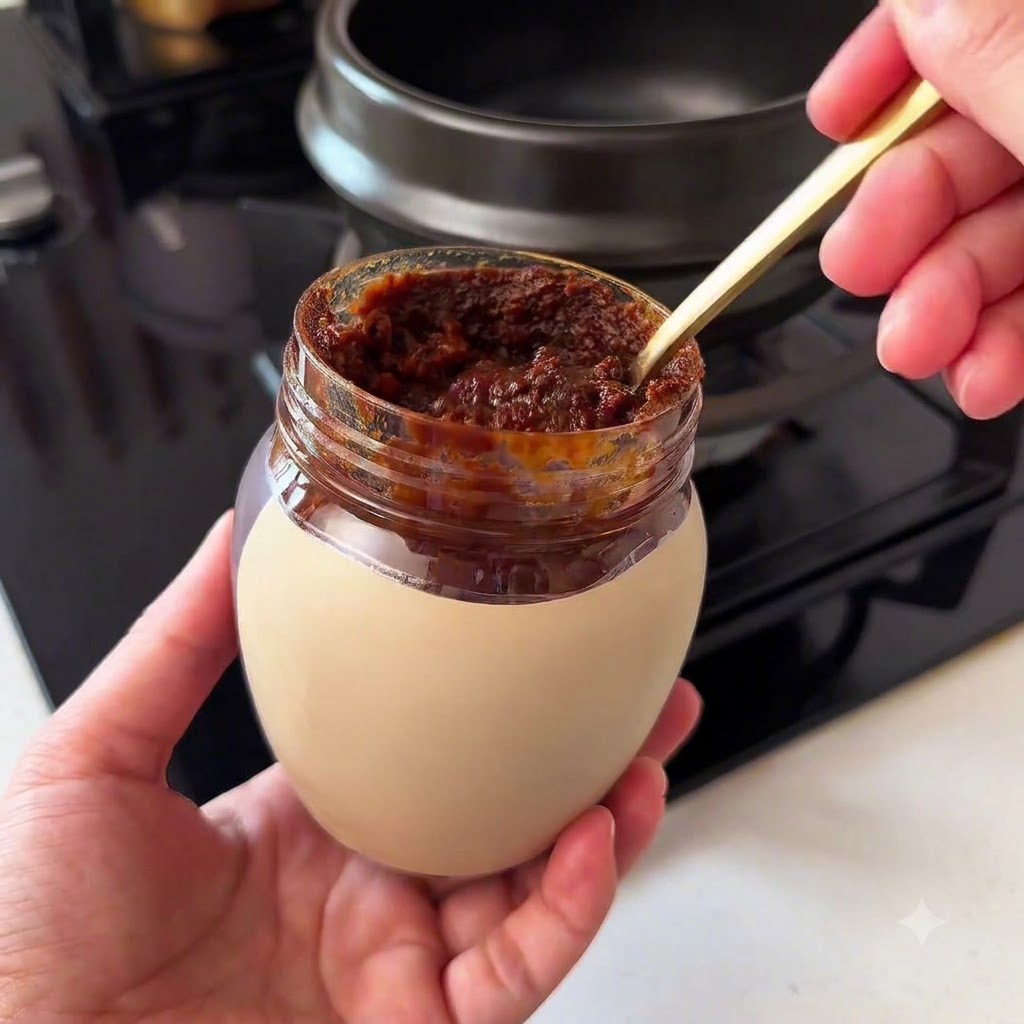 A spoonful of fermented soybean paste being held over an empty black earthenware pot.