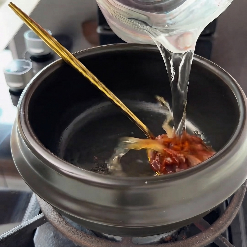 Clear water being poured from a clear glass measuring cup into a pot with soybean paste.
