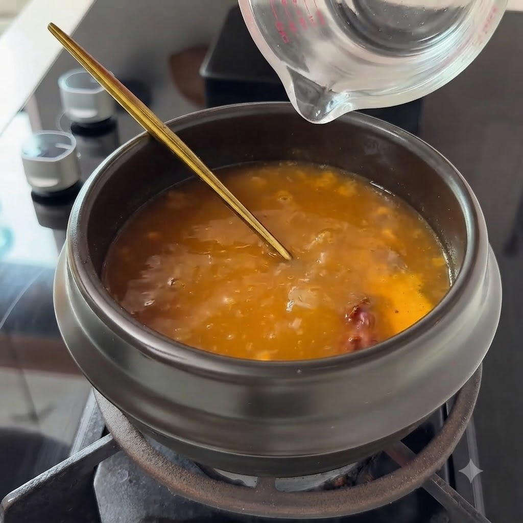 A pair of gold chopsticks stirring and mixing soybean paste into water inside a ceramic pot.