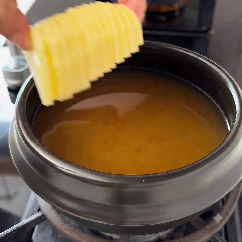 Sliced potatoes and shiitake mushrooms being added into the pot of broth.