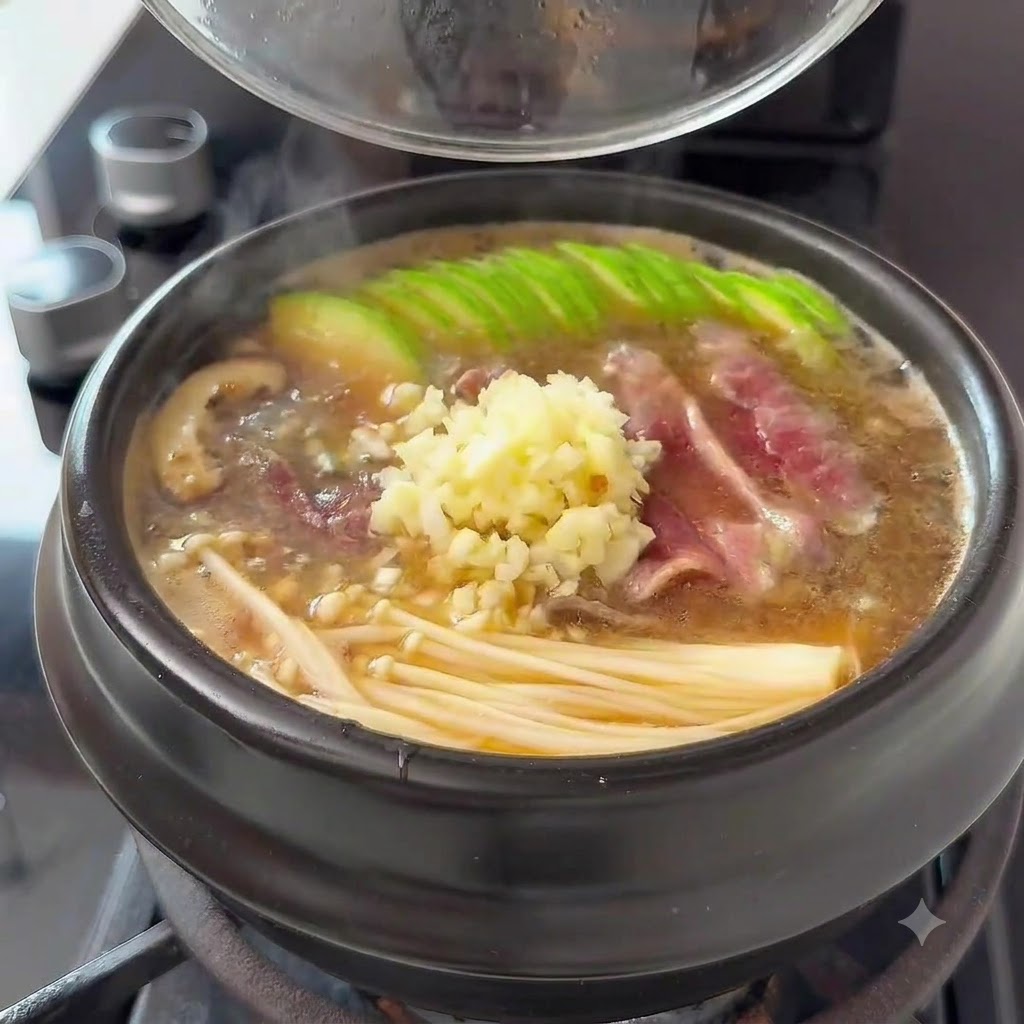 Minced garlic, chili powder, and beef powder being added into the bubbling pot.