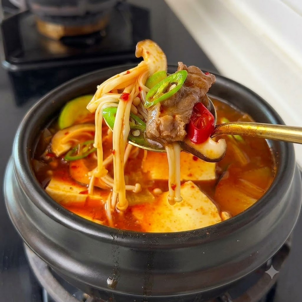 A ladle and chopsticks gently stirring a bubbling stew in a dark stone pot filled with mushrooms and sliced beef.