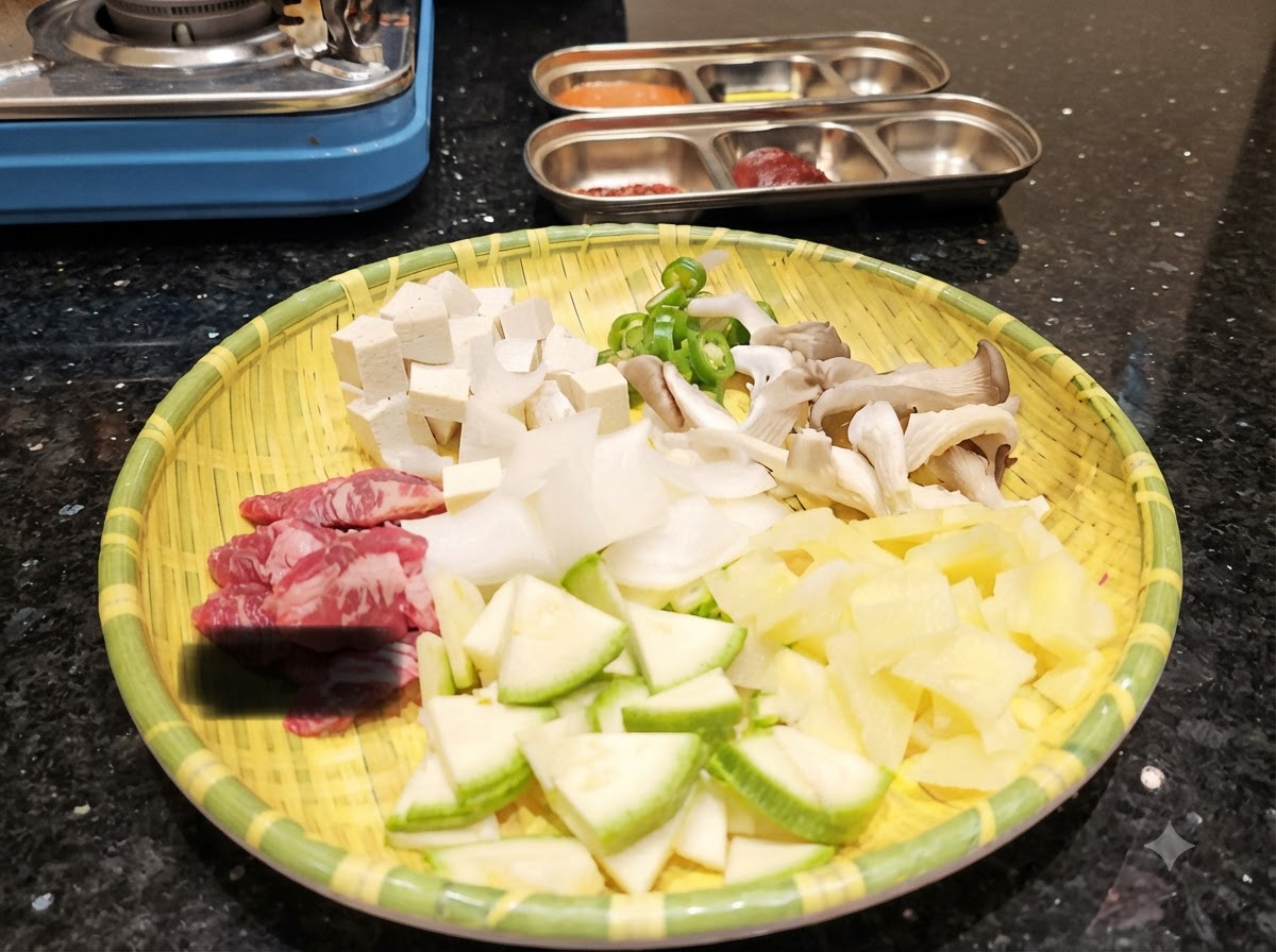 A round woven tray filled with prepped ingredients: cubed tofu, sliced zucchini, mushrooms, potatoes, green peppers, and raw beef pieces.