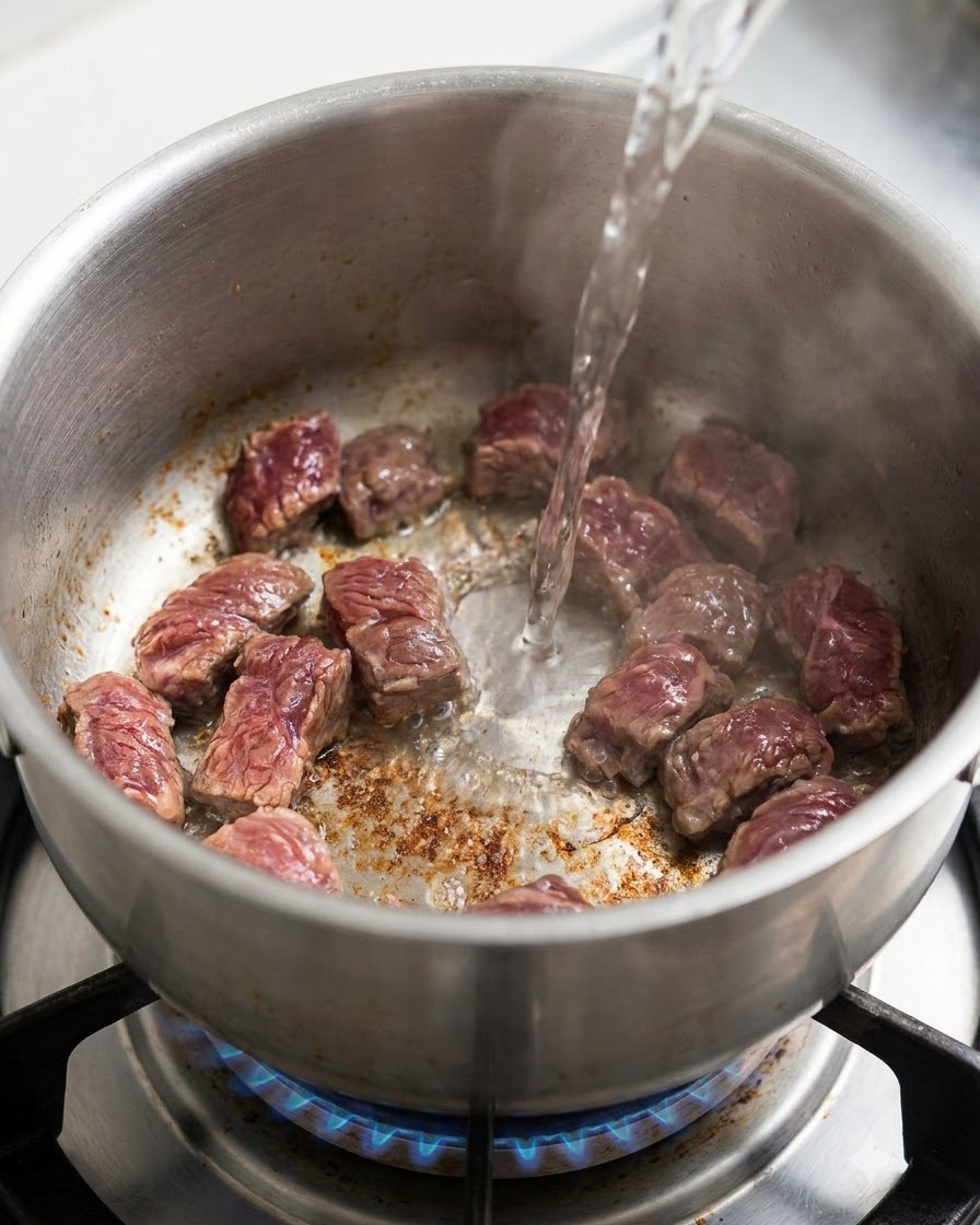Clear liquid being poured into a pot containing browned pieces of beef.