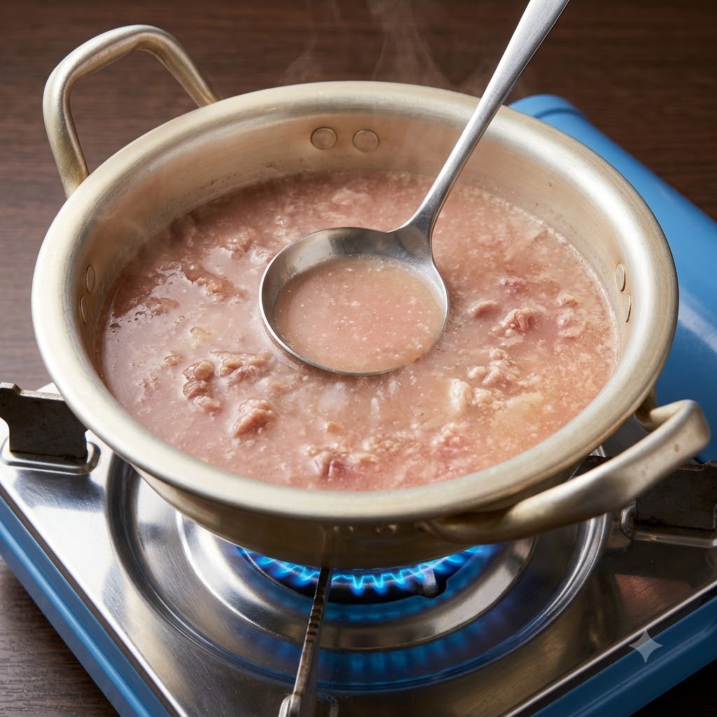 A ladle stirring soybean paste and chili paste into a boiling broth with cooked beef inside a metal pot.