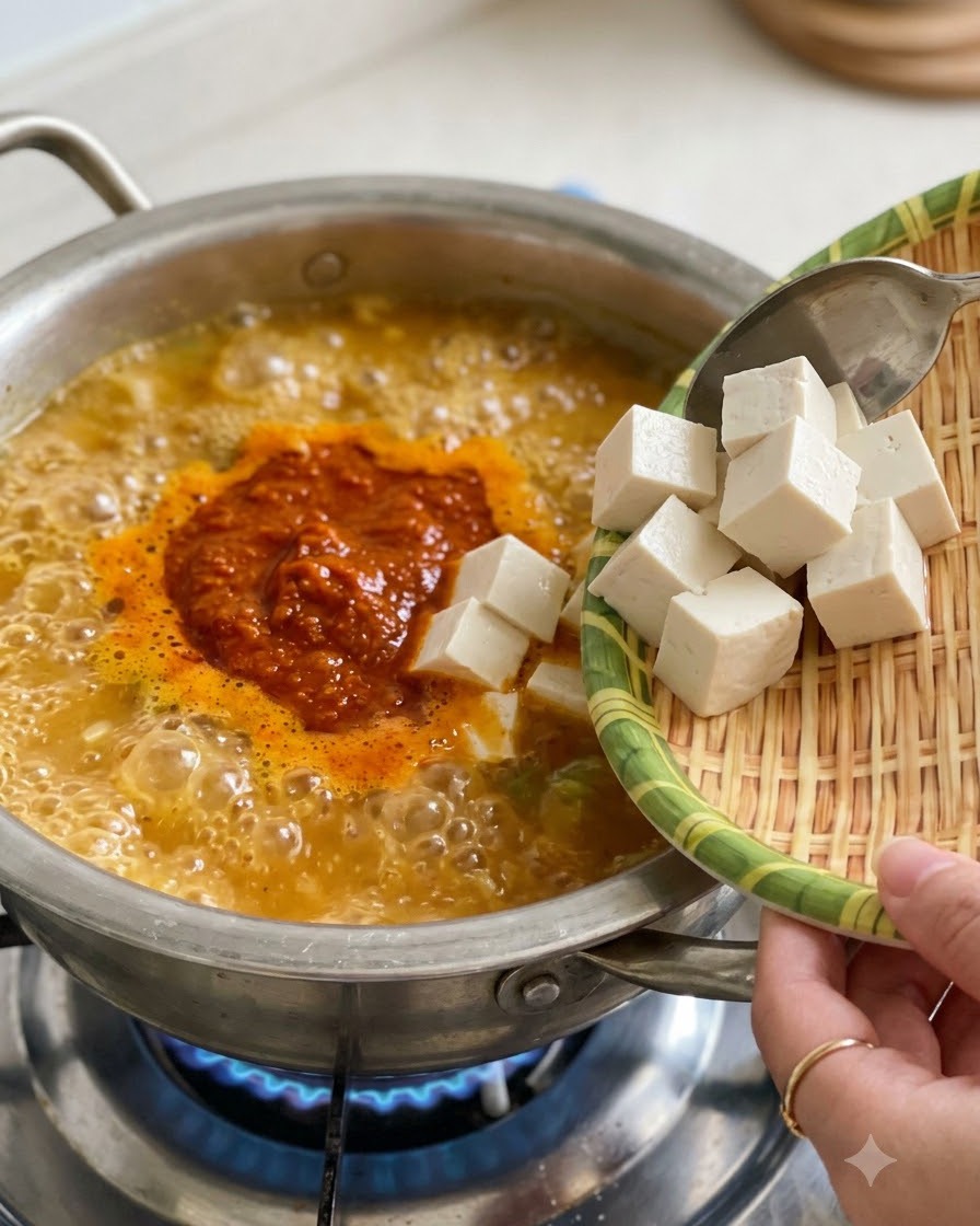 Cubed white tofu being slid from a small woven tray into a vigorously boiling pot of Korean soybean stew.