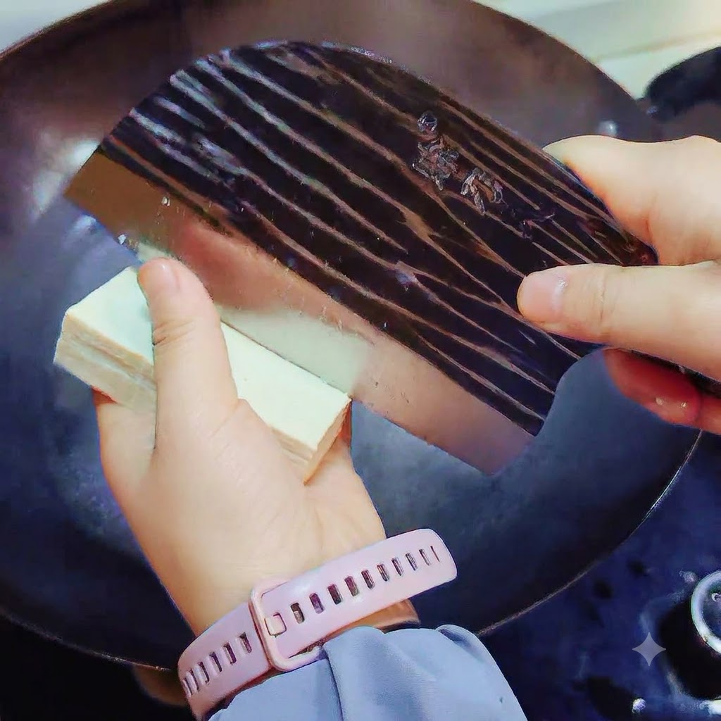 A person holding a block of white tofu and using a cleaver to slice it directly into the boiling soup in the wok.