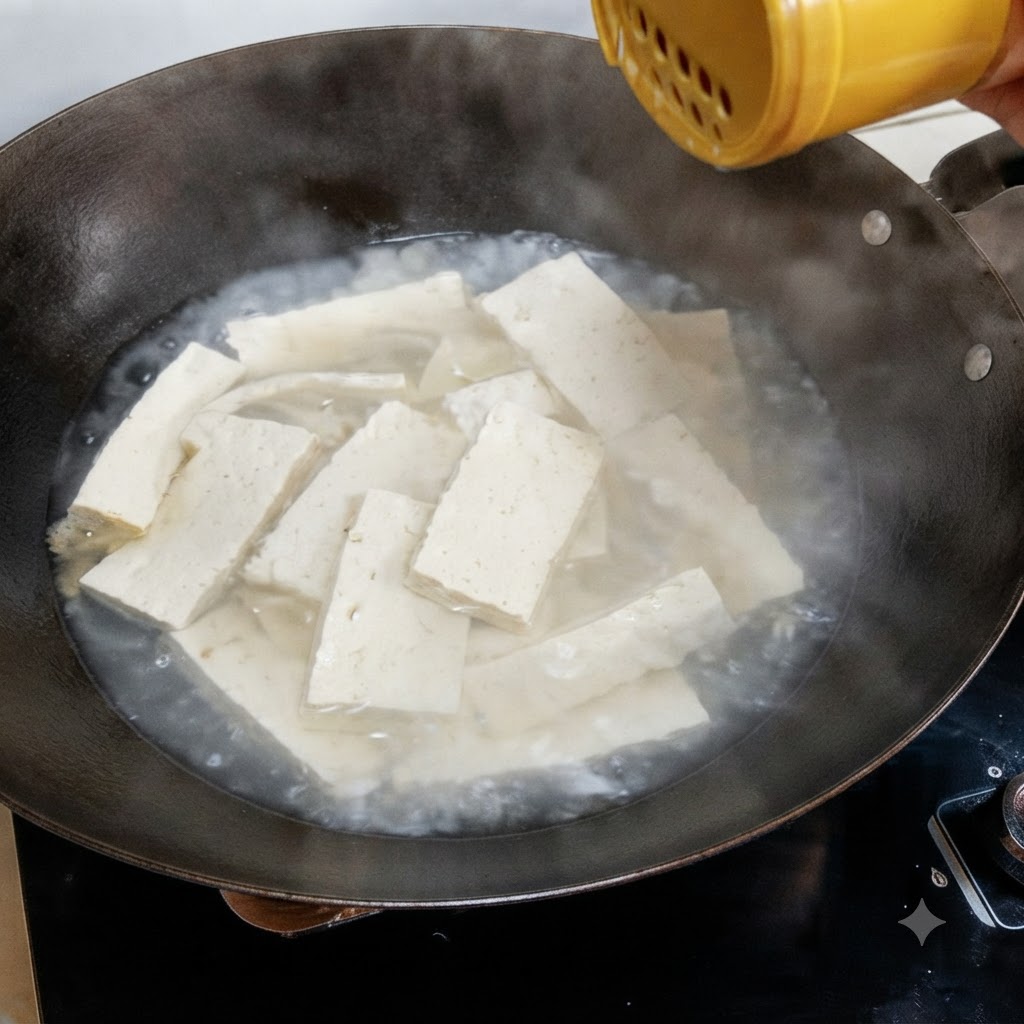 Seasoning being sprinkled from a yellow shaker into a wok full of boiling tofu strips.