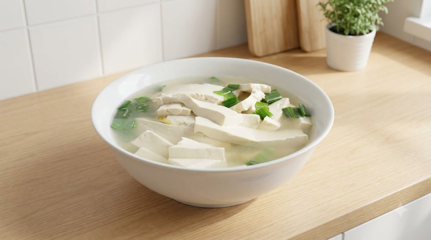 A comforting bowl of clear tofu soup garnished with fresh green scallions.