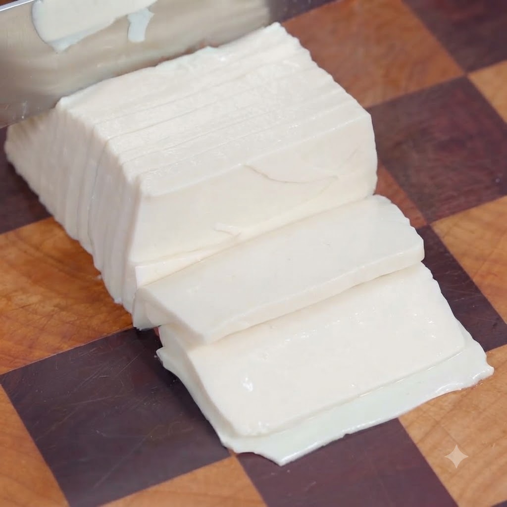 Tofu being cut into thin slices and julienned into strips on a wooden cutting board.