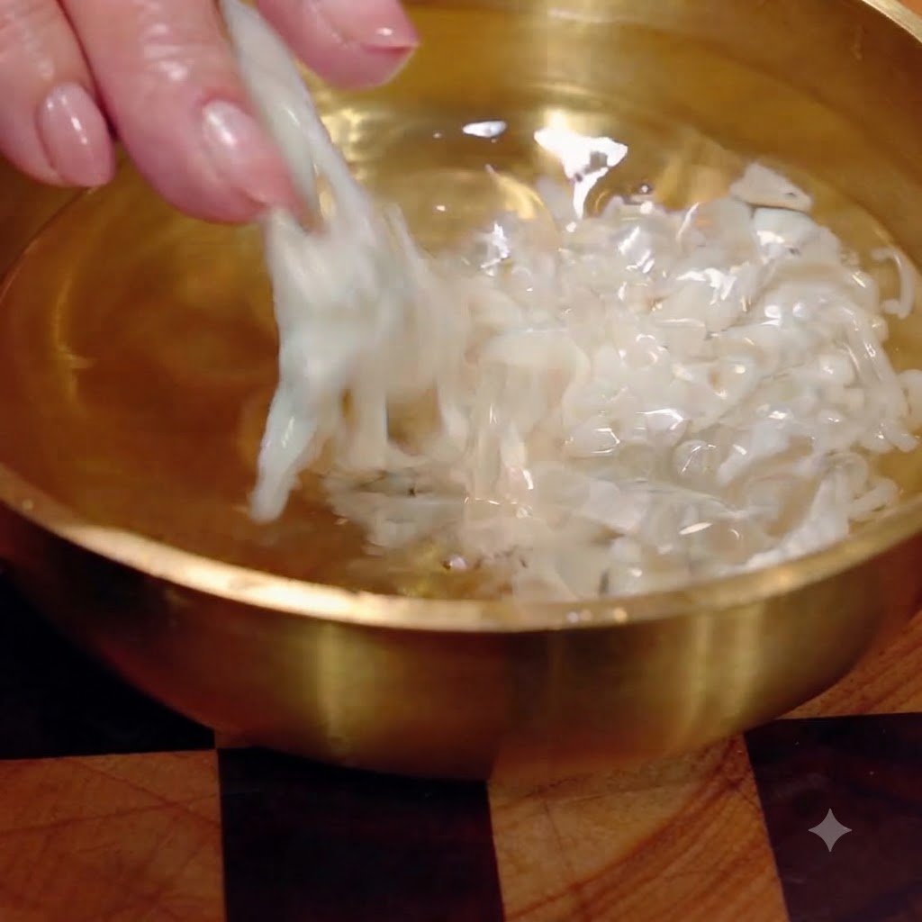 Julienned tofu strips placed in a bowl of clean water and being scattered.