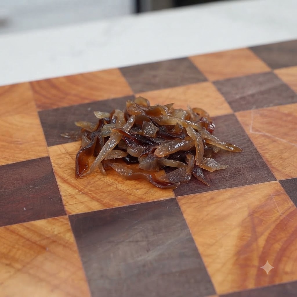 Shredded black fungus piled on a wooden cutting board.