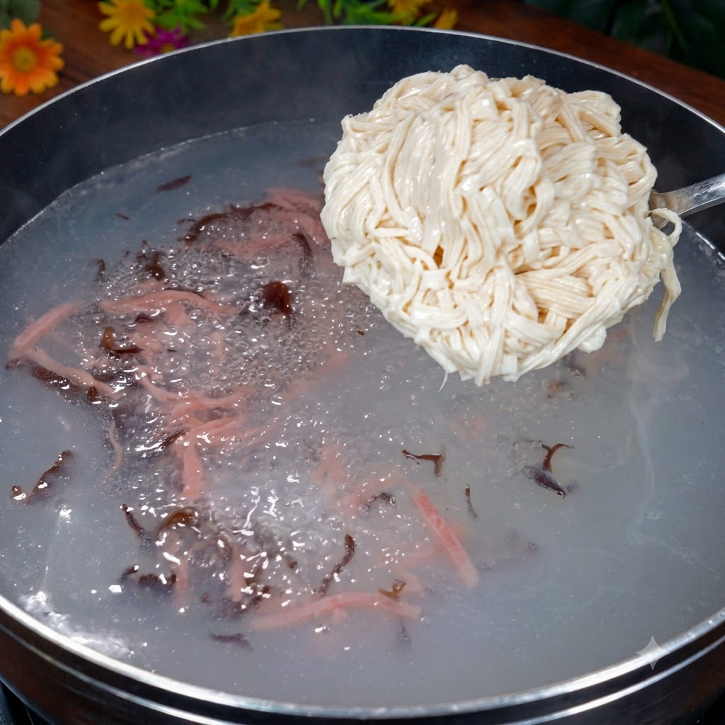 Shredded tofu added into the boiling pot and stirred gently with a ladle.