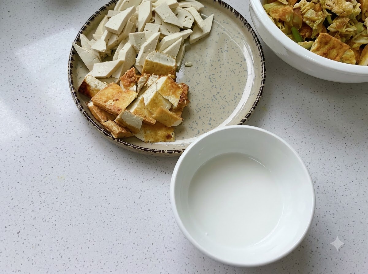 Plates containing sliced regular tofu, fried tofu, century egg, herbs, and a bowl of water starch on a countertop.