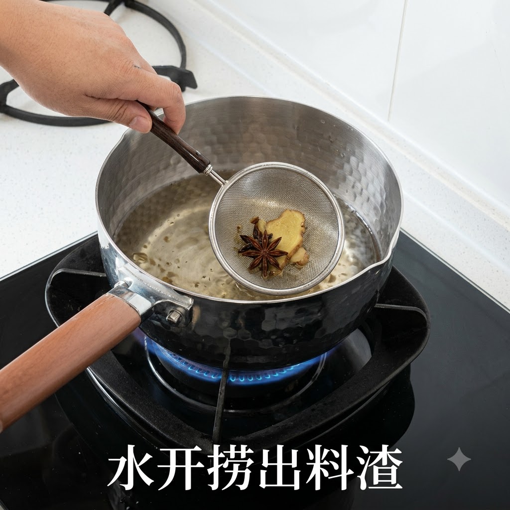 A hand holding a wire mesh strainer containing star anise and ginger over a pot of boiling water.