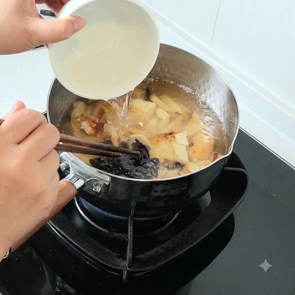 Soy sauce being poured from a small bowl into a simmering pot of soup with tofu and mushrooms.