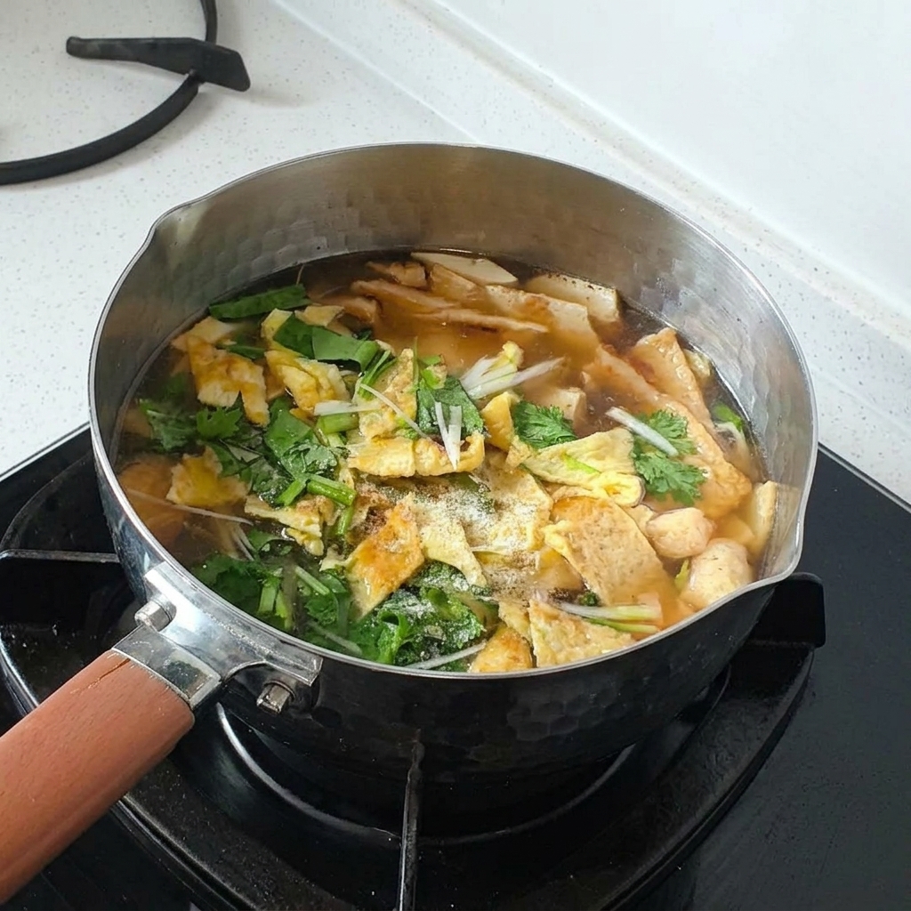 A close-up view of the soup pot showing freshly added herbs, white pepper, and seasonings mixed evenly across the broth surface.