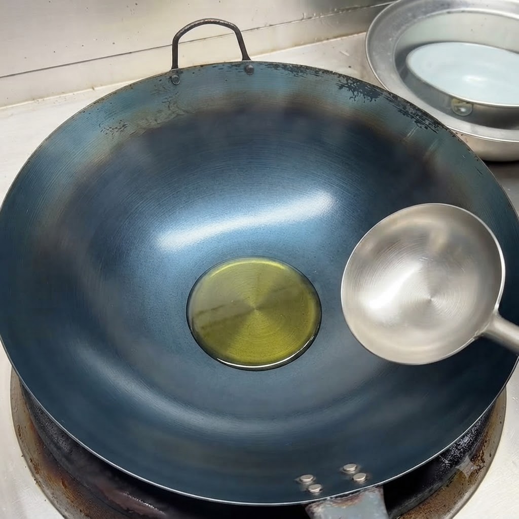 Cold cooking oil pooling in the center of a heated wok with a stainless steel ladle resting nearby.