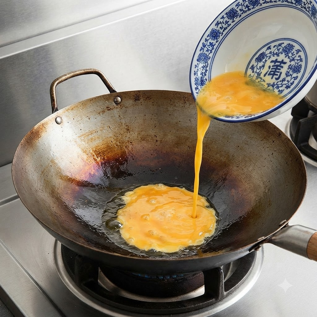 Beaten egg liquid being poured from a blue and white patterned bowl into a hot seasoned wok.