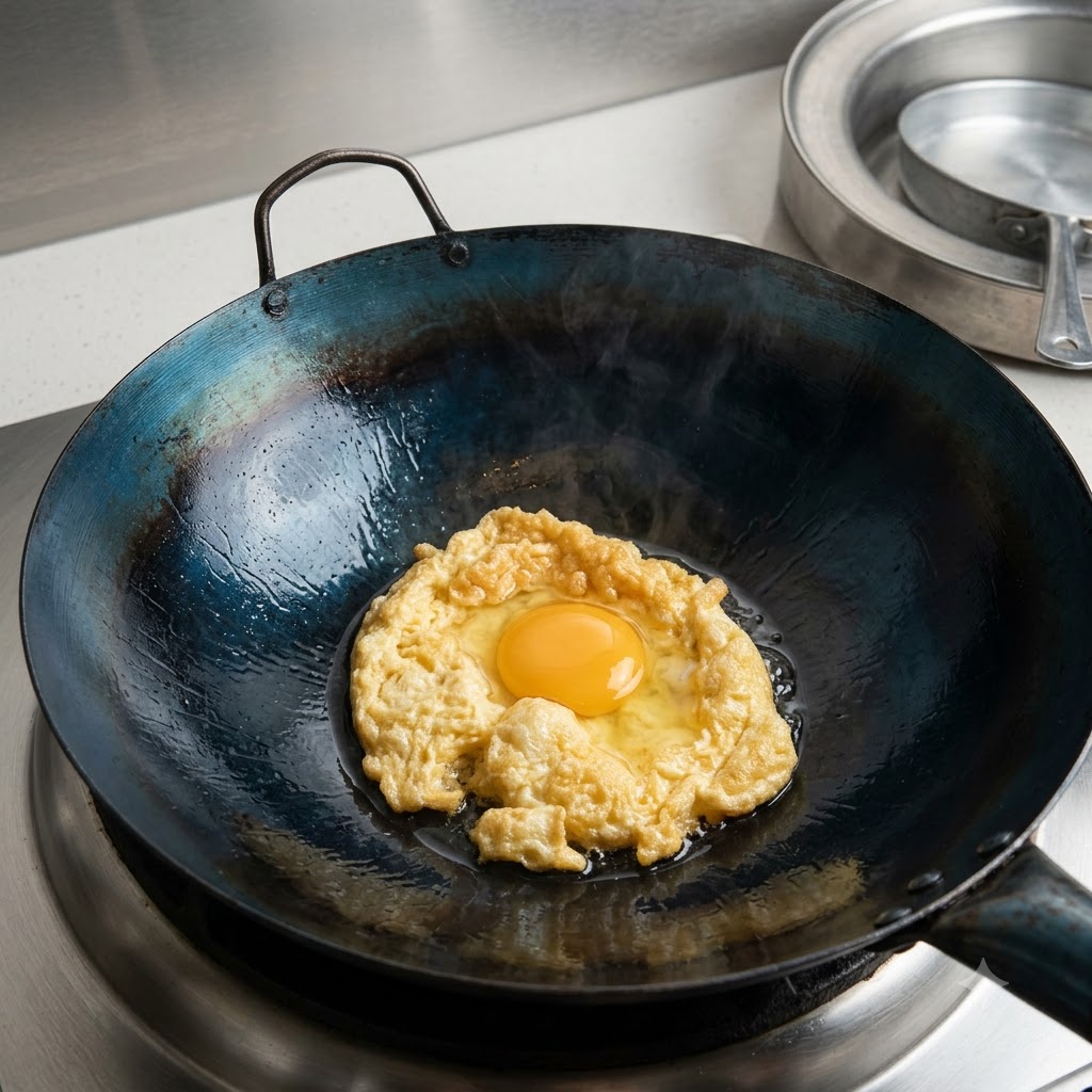 A partially fried egg being flipped in a blue carbon steel wok.