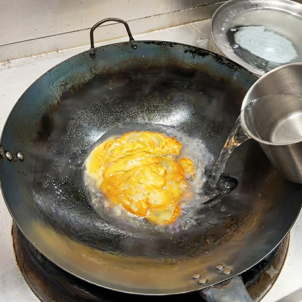 Water being poured from a stainless steel pitcher into the wok over the fried egg.