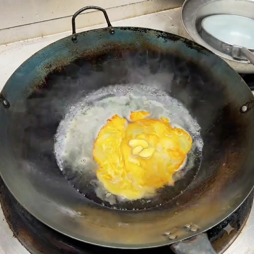 Smashed ginger pieces floating in the boiling soup in the wok with pepper powder.