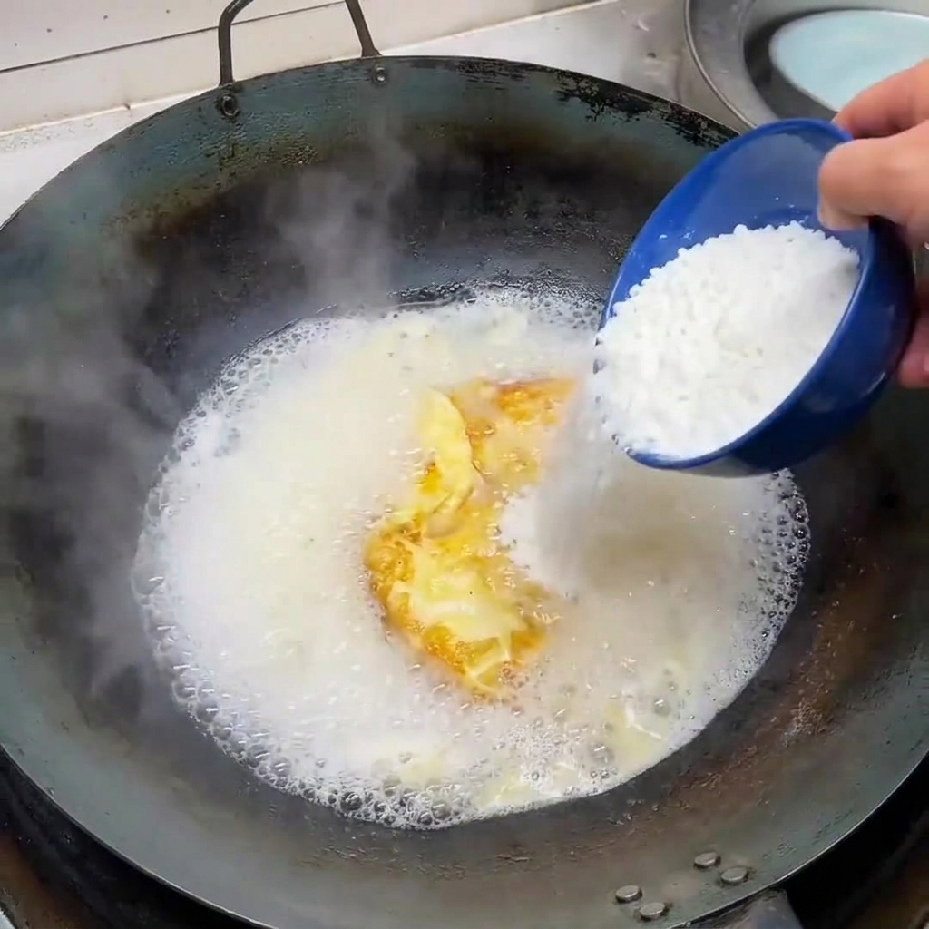 Soft tofu cubes being poured from a blue bowl into the boiling milky white soup.