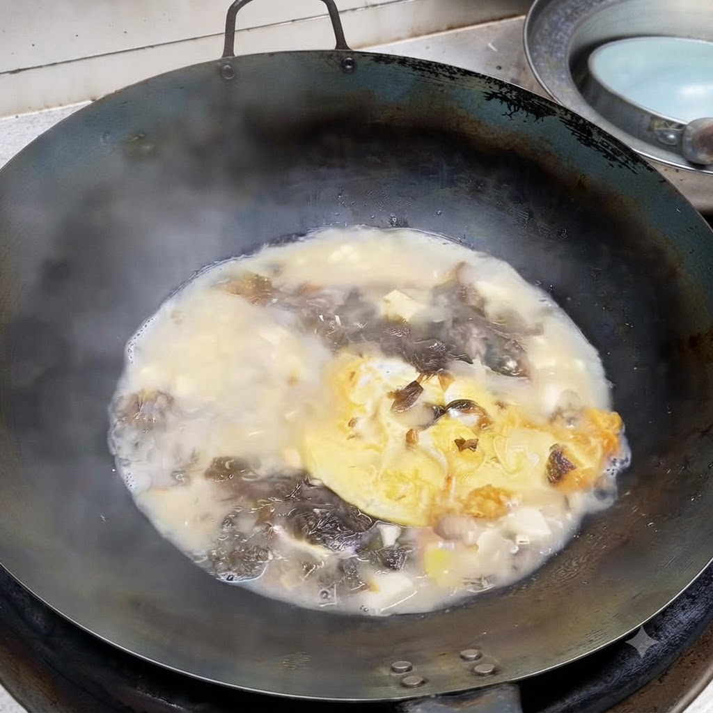 Chopped green onions falling into a wok filled with bubbling milky seafood and tofu soup.