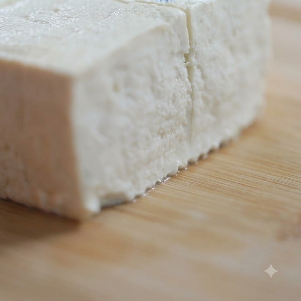 Salt-firm tofu block being sliced into small cubes on a wooden cutting board using a sharp kitchen knife.