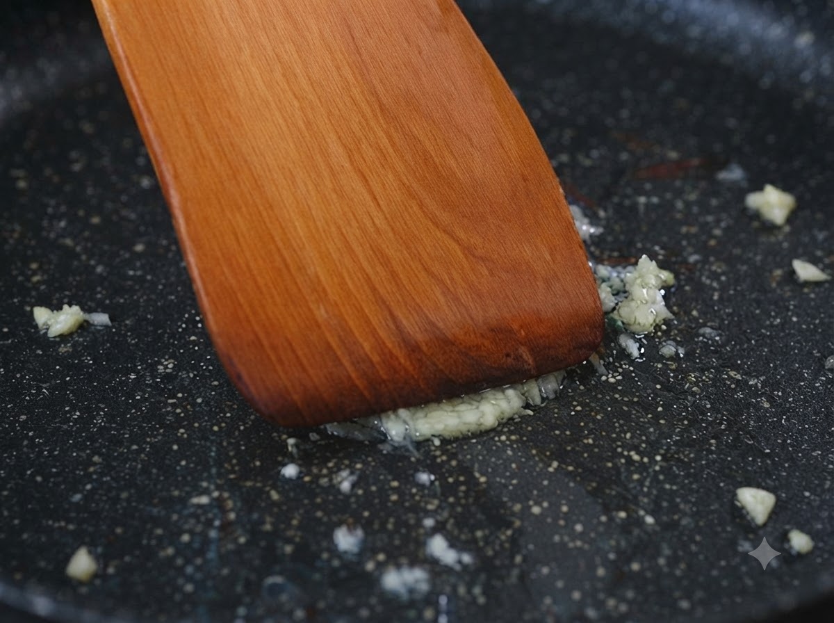 Garlic being sautéed in a pan with potato and carrot pieces.