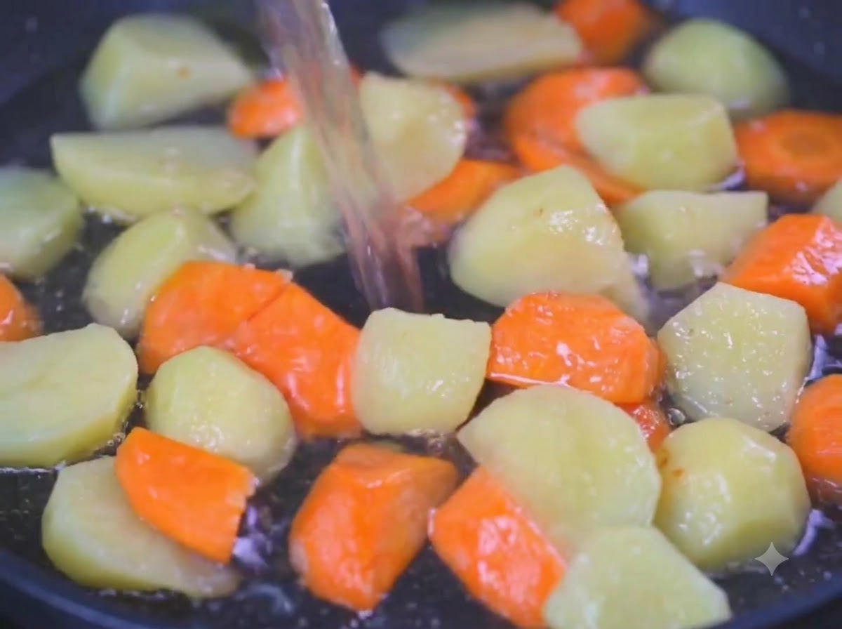 Water being poured from a container into a pan filled with potato chunks and carrot chunks.