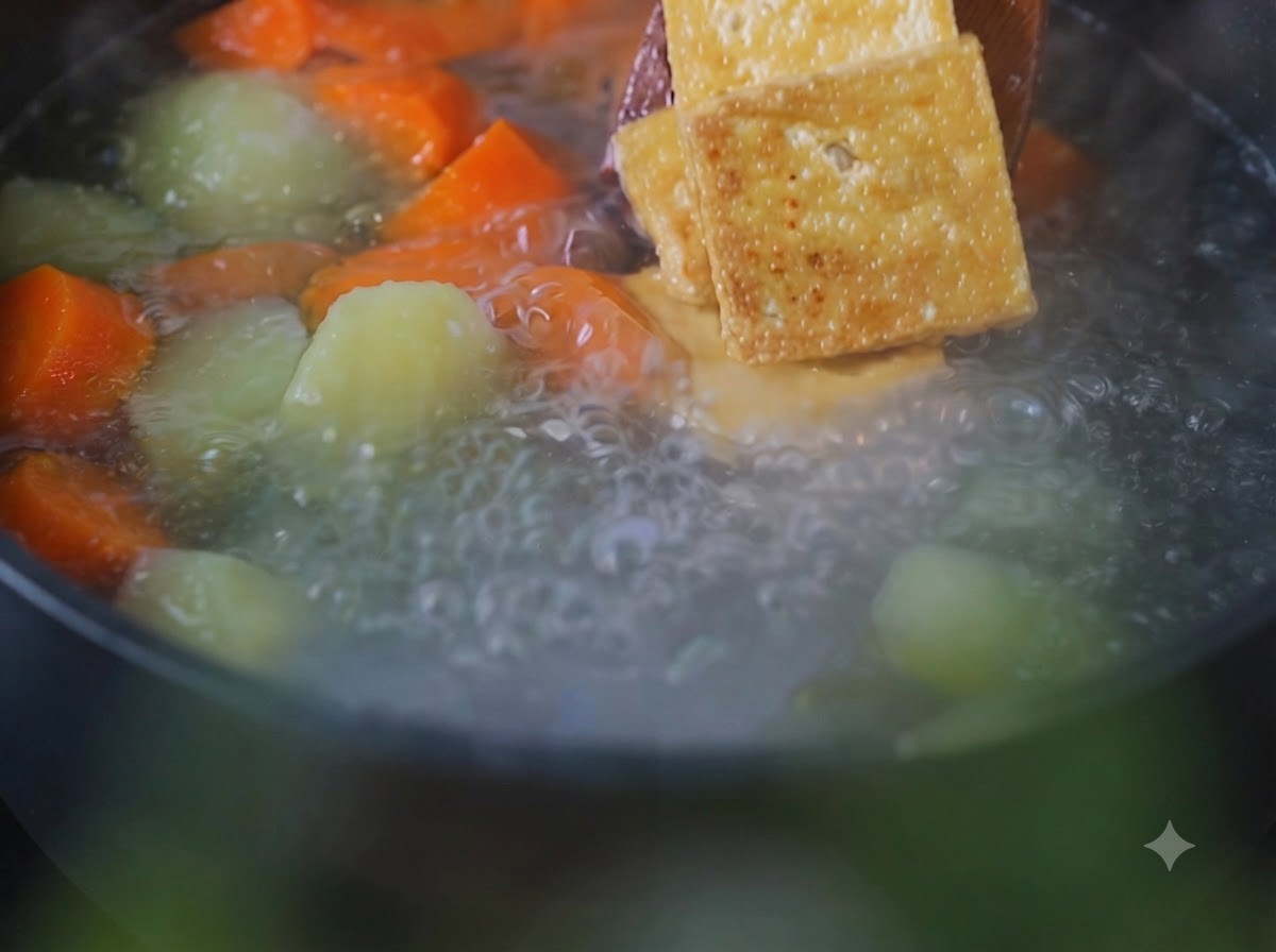 Fried tofu pieces being placed with a wooden spatula into a boiling pot of potatoes and carrots.