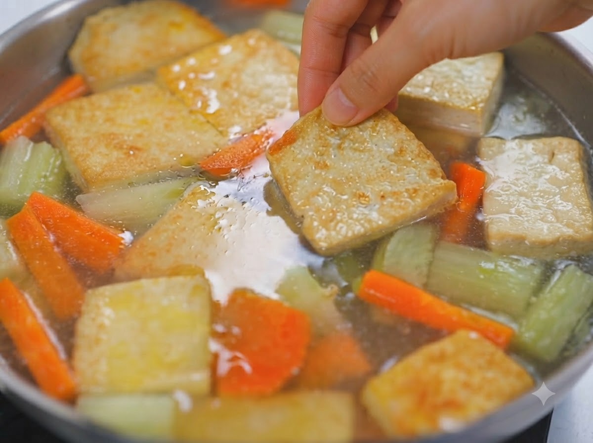 A hand placing a golden tofu piece into a bubbling pot of curry broth with vegetables.