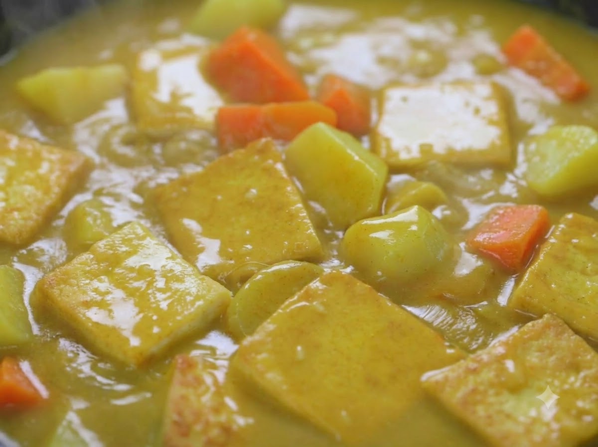 A thick and rich curry sauce simmering with tofu, potatoes, and carrots in a pan.