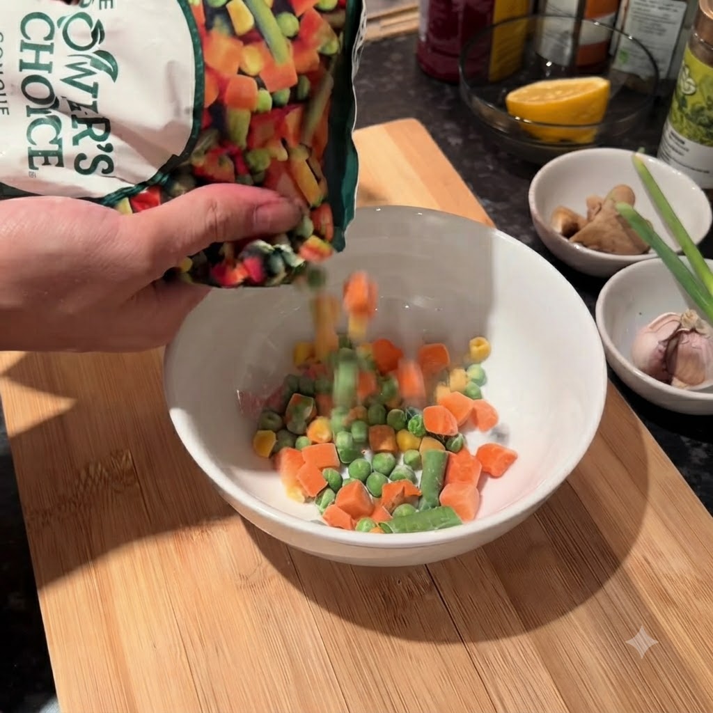 Frozen mixed vegetables including corn, peas, and carrots being poured from a bag into a white bowl.